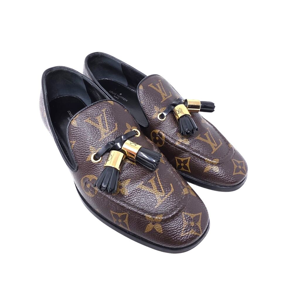 Louis Vuitton Monogram Tassel Loafers Society Canvas LV Logo Slip On Flats 36 6